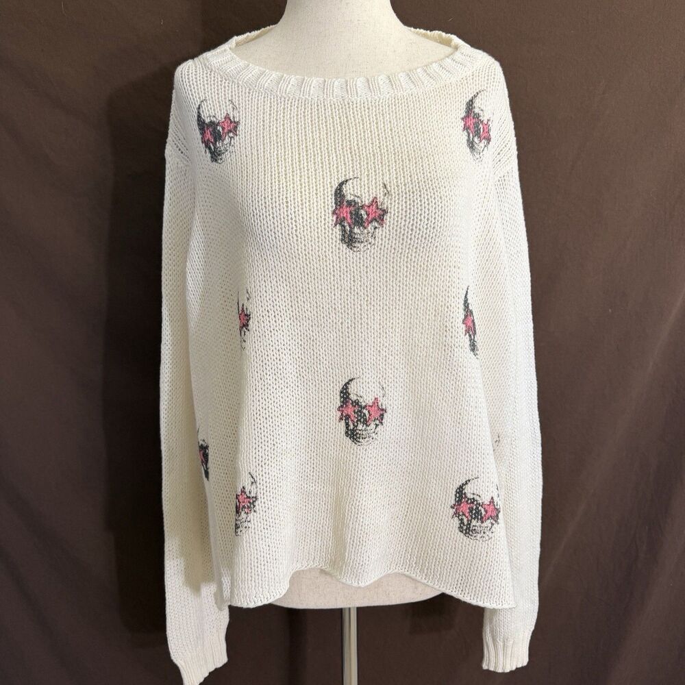 Wooden Ships Cream Distressed Skull Lightweight Sweater Size S/M